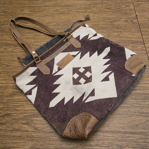 Myra Bag Handbags - MYRA BAG Women's 100% Cotton/Leather Aztec Design Shoulder Tote Bag - Size Large